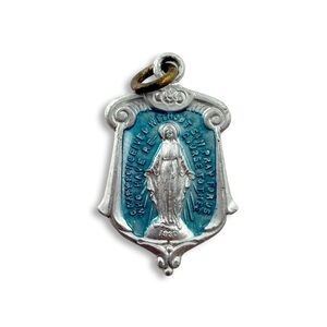 Vintage Virgin Mary Aqua Enamel Silvertone Miraculous Medal Charm Pendant
